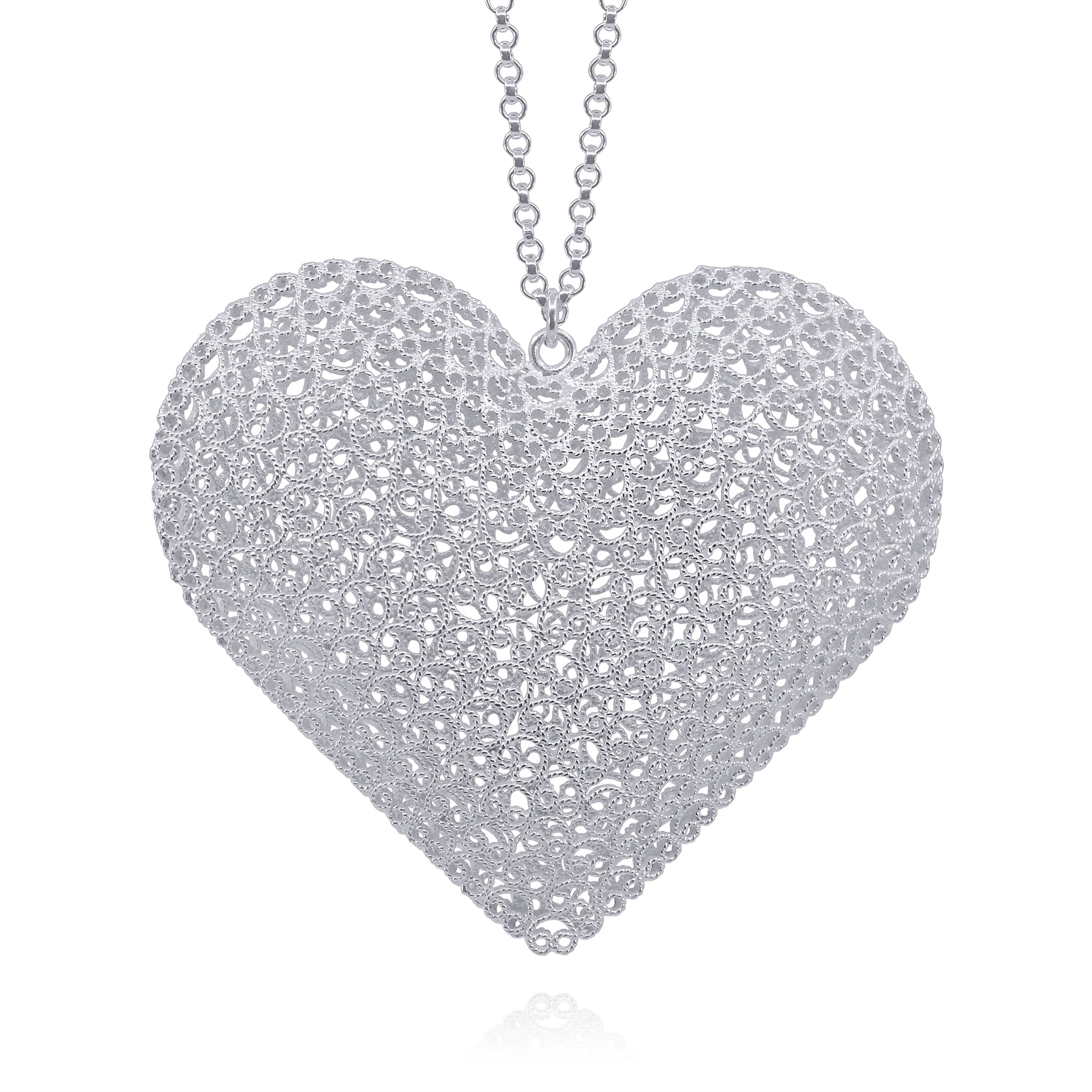 KATE SILVER LONG NECKLACE HEART FILIGREE