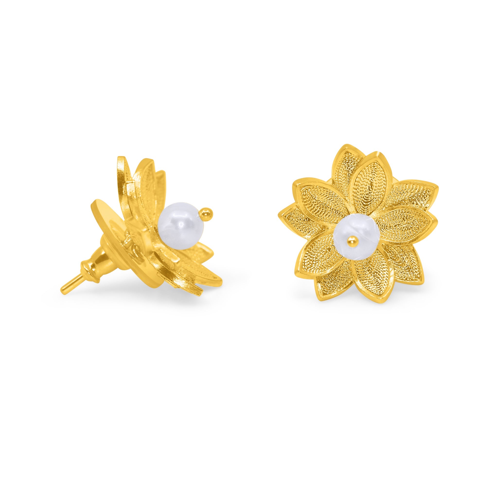 LOTUS PEARL GOLD STUD EARRINGS FILIGREE