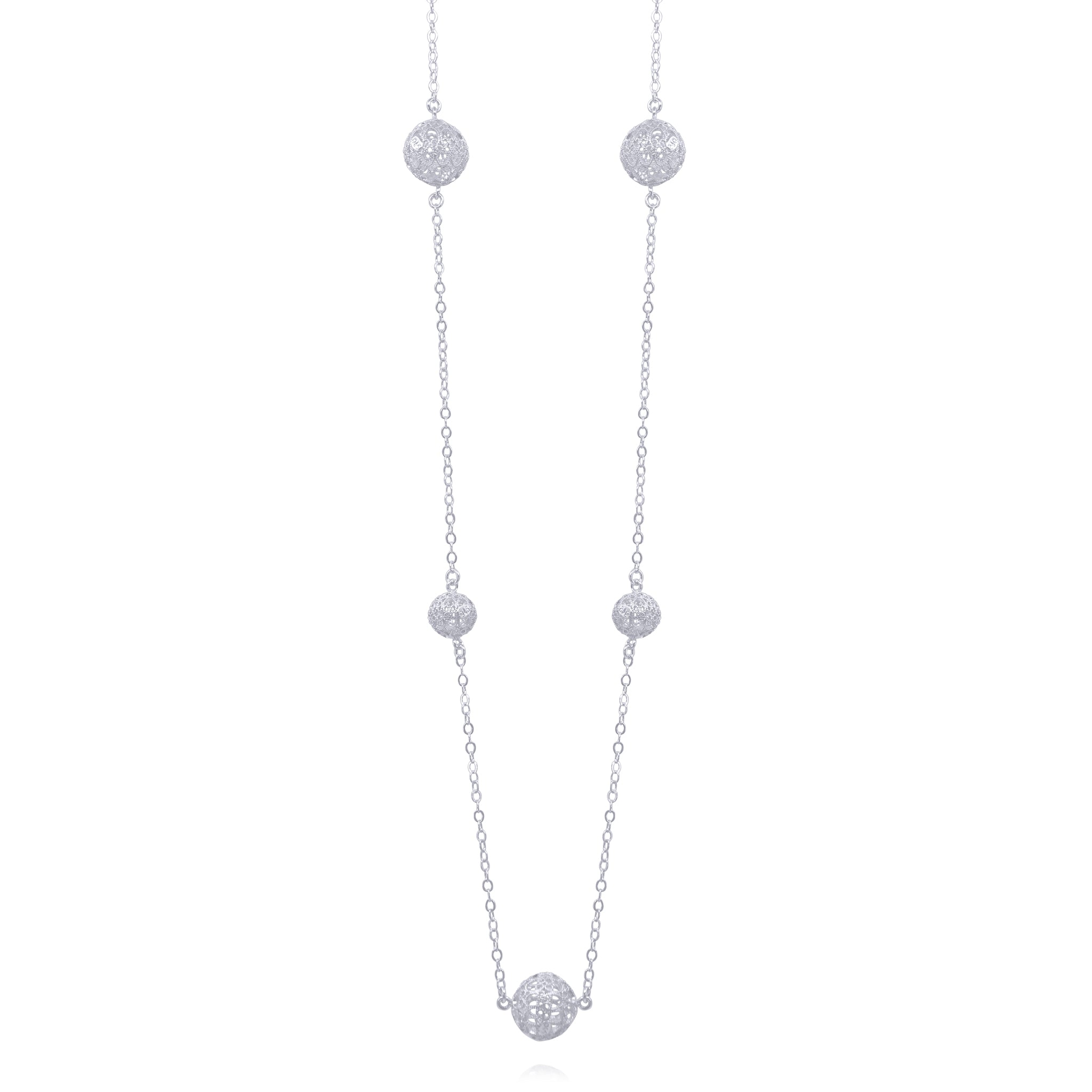 LUCRECIA SILVER LONG NECKLACE FIVE SPHERES FILIGREE