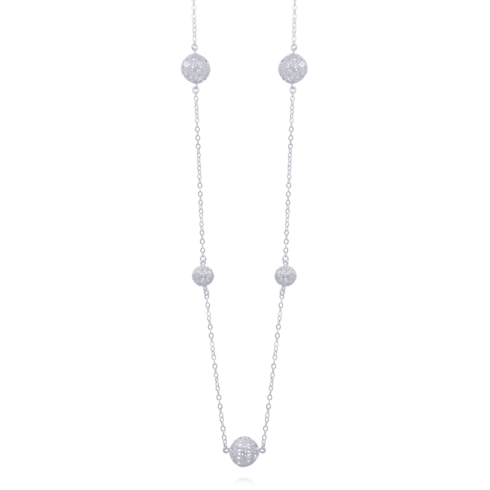 LUCRECIA SILVER LONG NECKLACE FIVE SPHERES FILIGREE