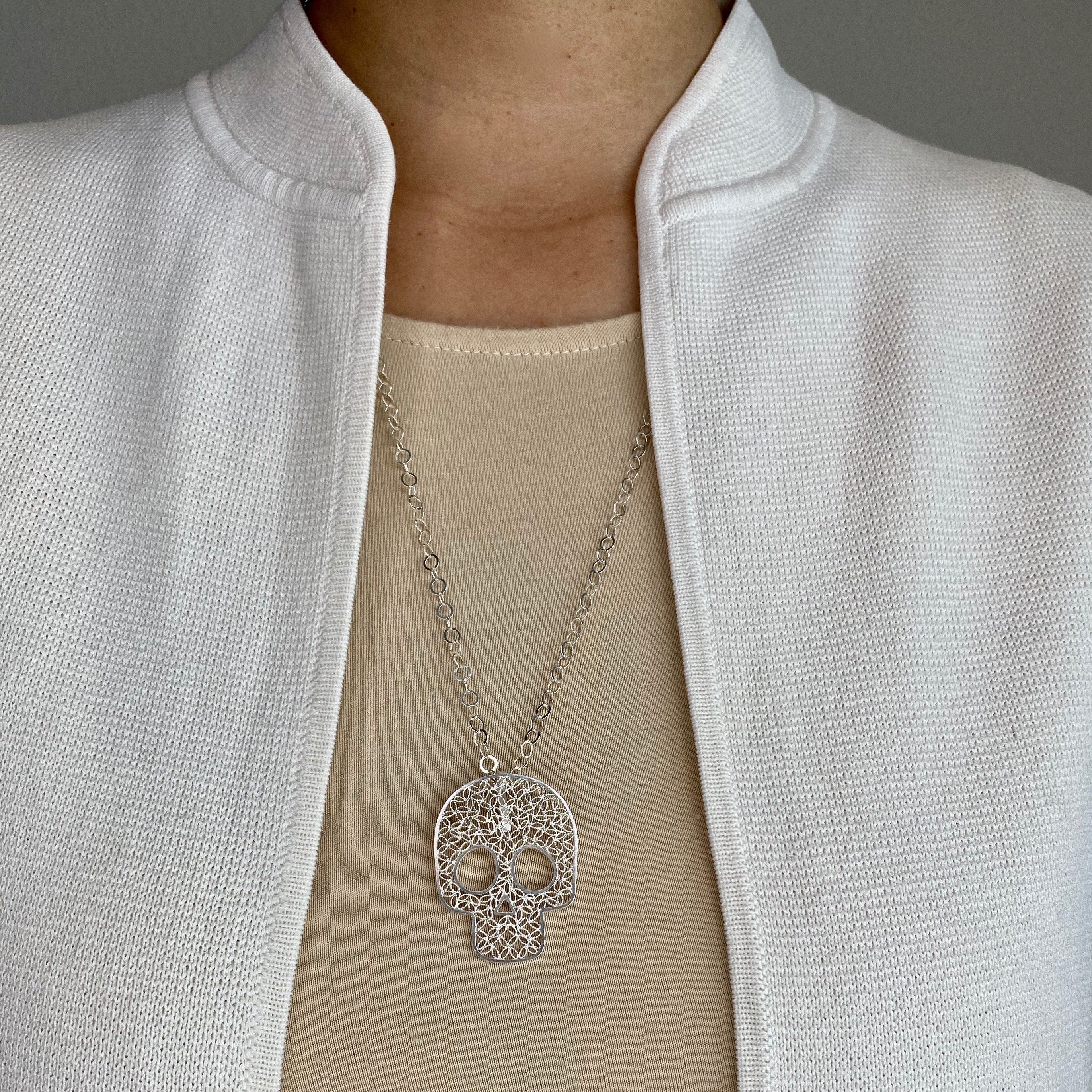 SUGAR SILVER SKULL LARGE PENDANT NECKLACE FILIGREE
