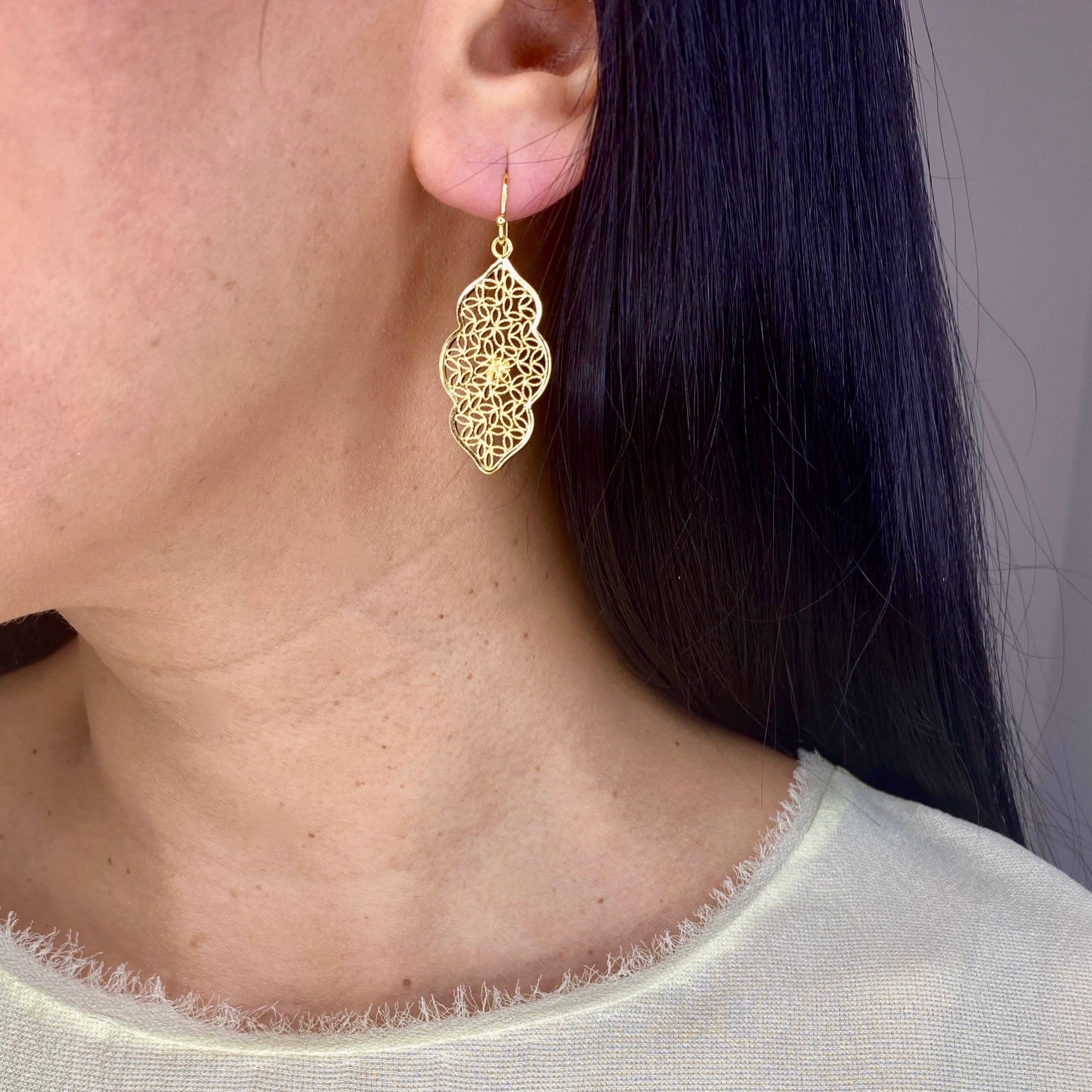 Intricate Coral and Gold Filigree Earrings